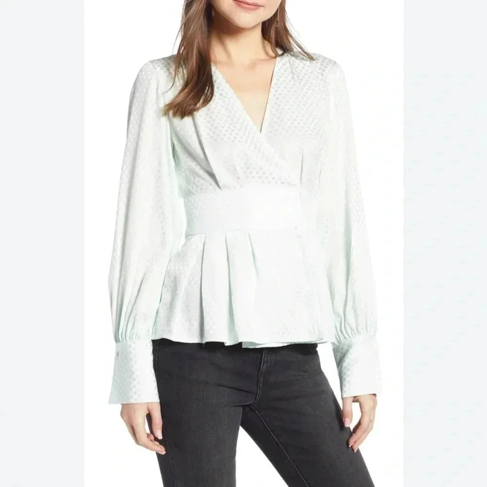 Something Navy Jacquard Wrap Surplice Peplum Mint Green Vneck Blouse Size Small